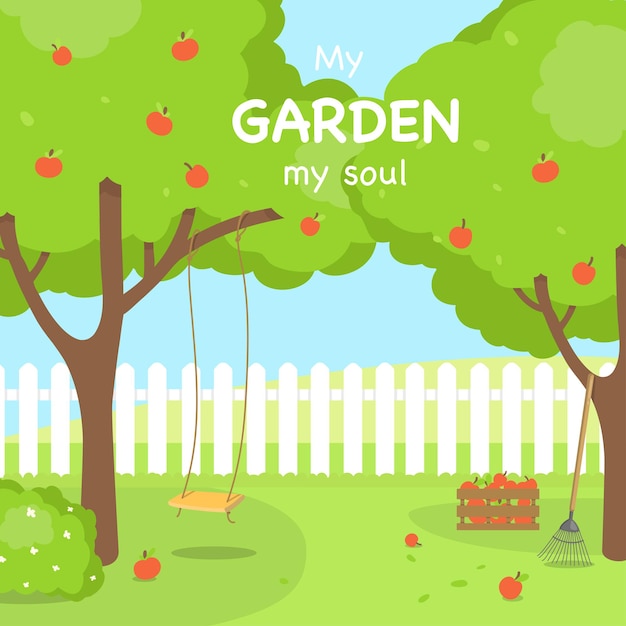 Backyard with rope swing and apple trees in a flat design