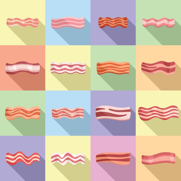 Bacon icons set flat vector. Meet food. Fresh beef