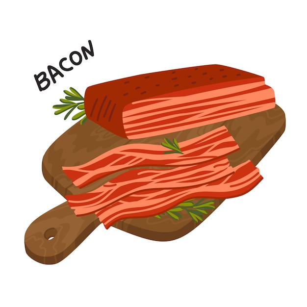 Bacon Strips of Bacon on a wooden cutting board Meat delicatessen Simple flat style vector illustration