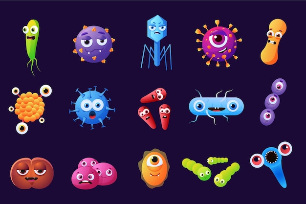 Bacteria germ characters Flu virus Microbe cell Microbiology research Disease monsters with faces Influenza pathogens Isolated microorganism Vector cartoon bacterium icons set