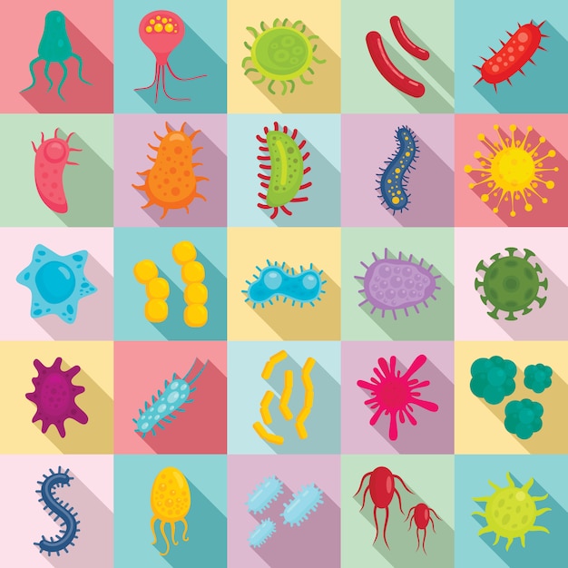 Bacteria icons set, flat style