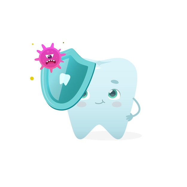 Vector bacterium attack on tooth with protection shield cartoon cute tooth with microbes vector illustration of dental problem for kids