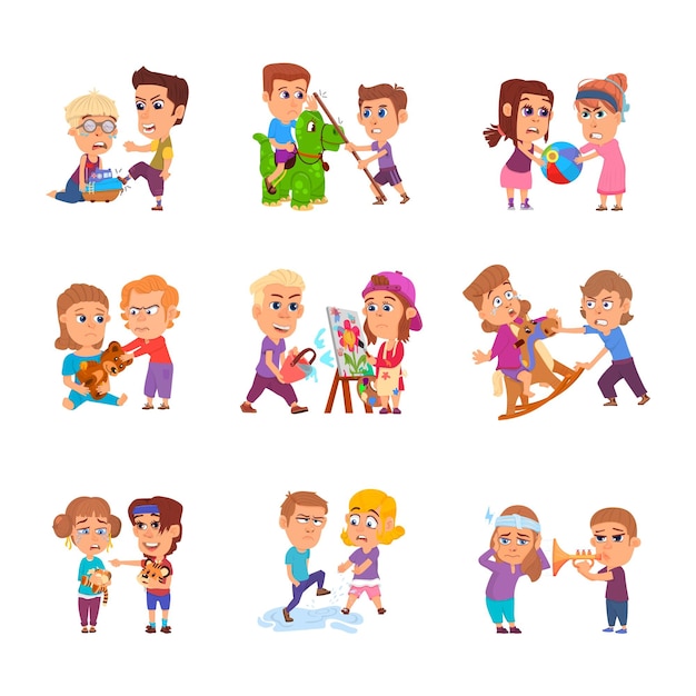 Bad behavior kids Bullying kid school girls scare Child in stress conflicted angry cartoon children Naughty brother and sister decent vector set