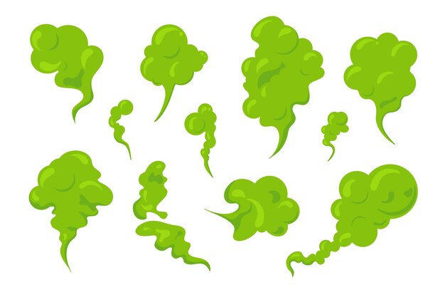 Vector bad smeeling clouds set green fart toxic smoke cartoon stinky old nasty odor fumes poison gas dirt