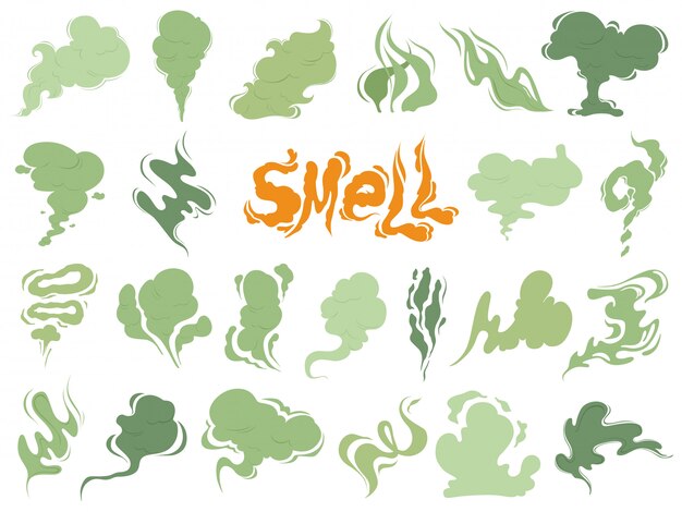 Vector bad smell, steam smoke clouds of cigarettes or expired old food cooking cartoon icons