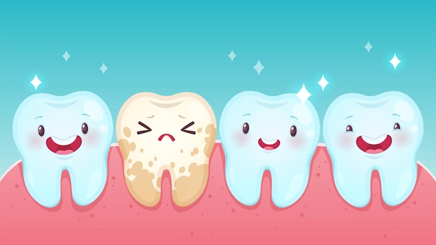 Bad tooth. Cute cartoon healthy white happy teeth and yellow spoiled sad tooth with smiling faces. Toothache problems, kids oral care and hygiene children dentistry clinic, vector dental concept