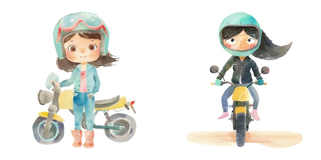 badass biker girl watercolor vector illustration 5