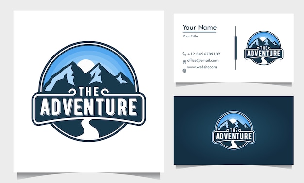 badge adventure logo design with blue mountains and road and sunrise, sunset with business card