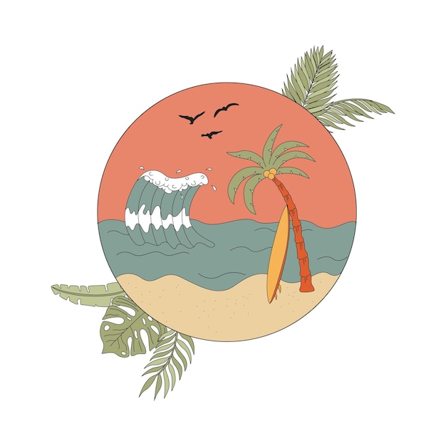 Badge with sea palm tree and surfboard in a circle Flat vector illustration The concept of surfing