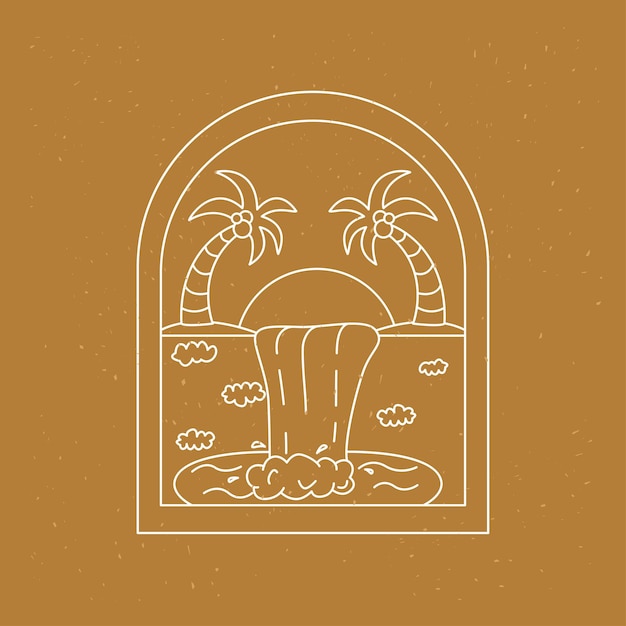 Badge with waterfall and palm trees Handdrawn outline vector illustration