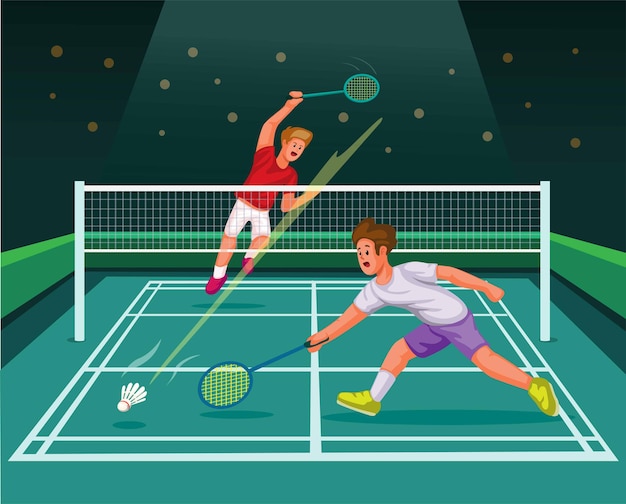 Badminton player smash in match competition sport stadium cartoon illustration vector