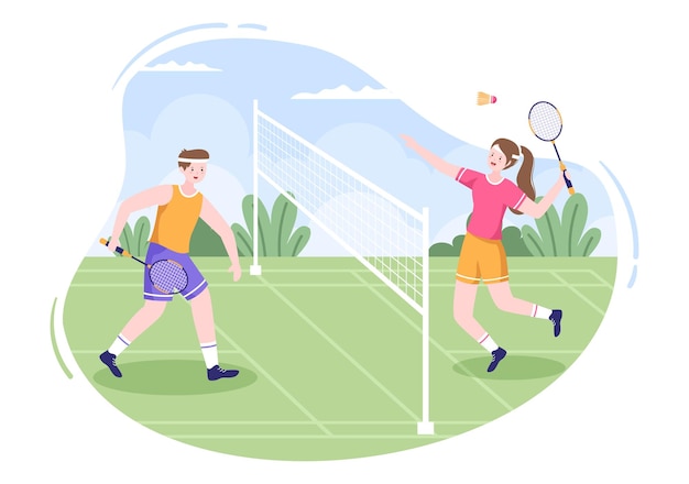 Badminton Player with Shuttle on Court in Flat Cartoon Illustration Happy Playing Sport Game