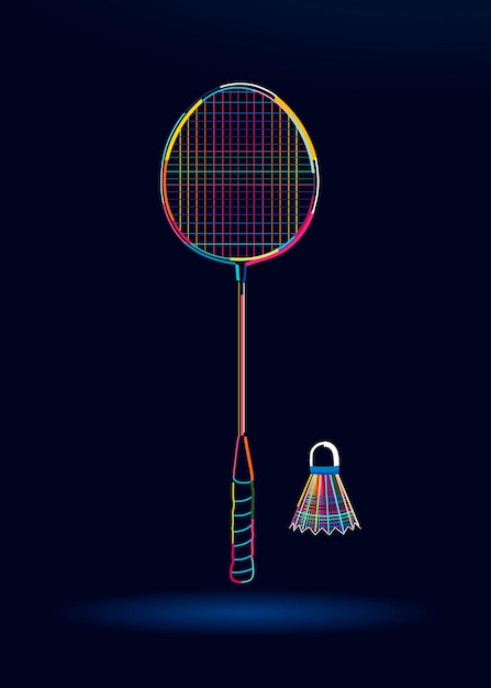 Badminton racquet with shuttlecock abstract colorful drawing Vector illustration of paints