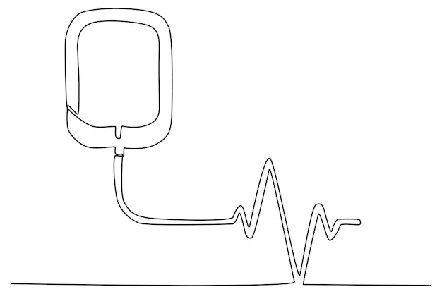 A bag of blood and a healthy symbol World blood donor day oneline drawing