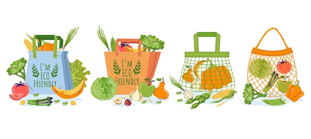 Bag food grocery market eco product ecology reusable organic nutrition isolated set