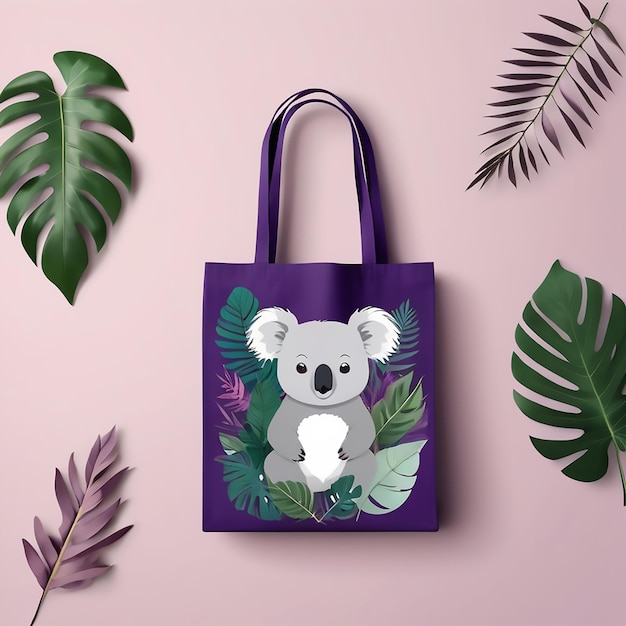 Vector bag go to zero waste on the background of tropical leaves and gum leaves purple fabric eco shopping bag with koala in cartoon style take your own bag no plastic bag vector illustration