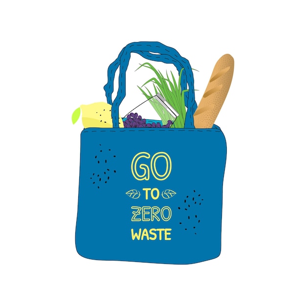 Bag go to zero waste Blue fabric eco shopping bag No plastic bag Long loaf spring onion bean jar lemon Vector illustration