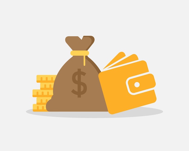 Bag of money next to coins and wallet on a white background. Financial savings. Vector EPS 10