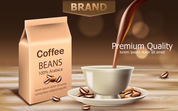 Bag with premium quality arabica coffee beans with a cup near with liquid pouring from top. Place for text. 