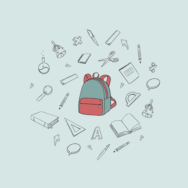 Bag with school supplies vector doodle illustration. Stationery set