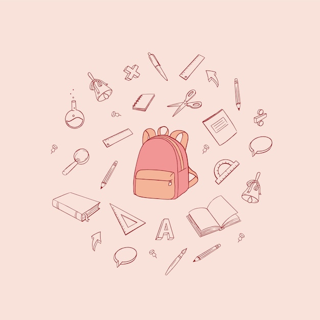 Bag with school supplies vector doodle illustration. Stationery set