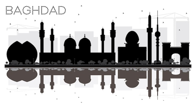 Baghdad City skyline black and white silhouette with reflections. Vector illustration. Cityscape with landmarks.