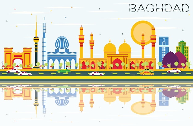 Baghdad Skyline with Color Buildings, Blue Sky and Reflections. Vector Illustration. Business Travel and Tourism Concept with Historic Buildings. Image for Presentation Banner Placard and Web Site.