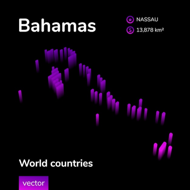 Bahamas 3D map Stylized striped isometric neon vector Map of Bahamas is in violet colors on black background