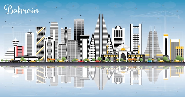 Bahrain City Skyline with Gray Buildings, Blue Sky and Reflections. Vector Illustration. Business Travel and Tourism Concept with Modern Architecture. Bahrain Cityscape with Landmarks.