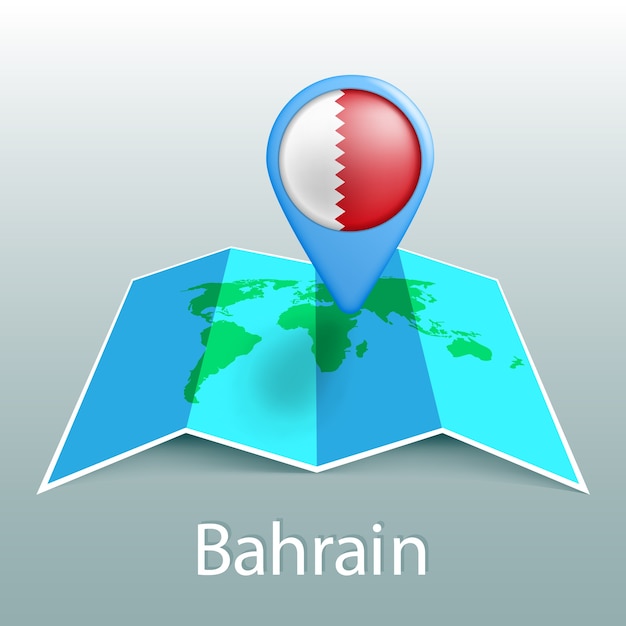 Bahrain flag world map in pin with name of country on gray background