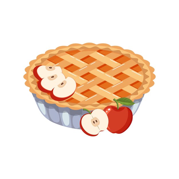 Vector baked apple pie with apple pieces traditional holiday food dessert sweet flat illustration