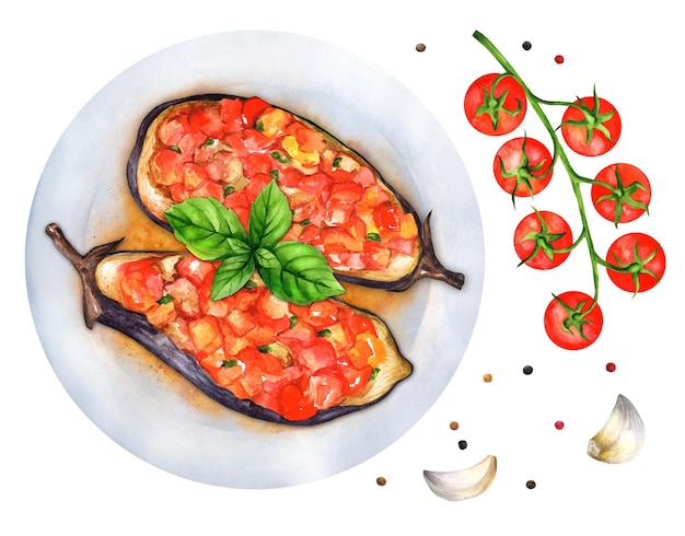 Baked eggplant with tomatoes and basil watercolor