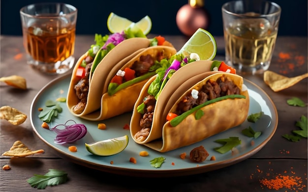 Vector baked oven beef taco with tomato lemon and lettuce