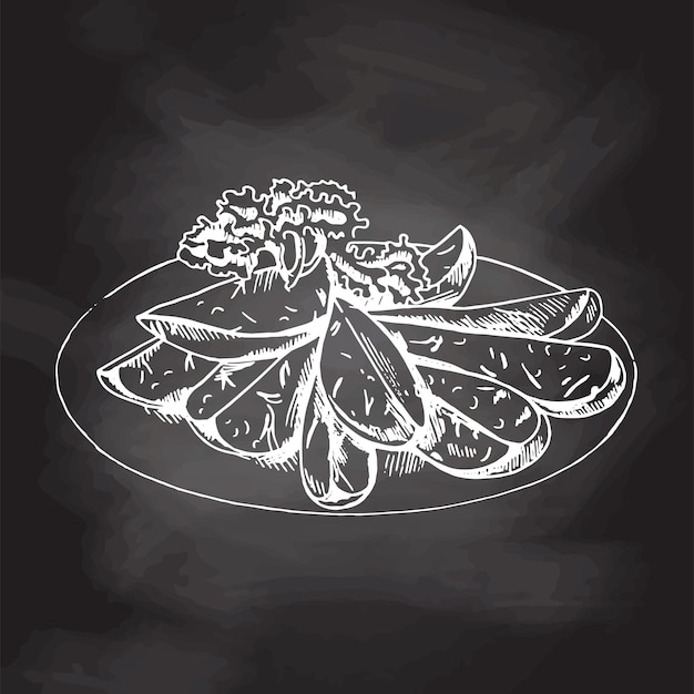 Baked potato chipsfries on the dish, White sketch isolated on black chalkboard, Eco illustration