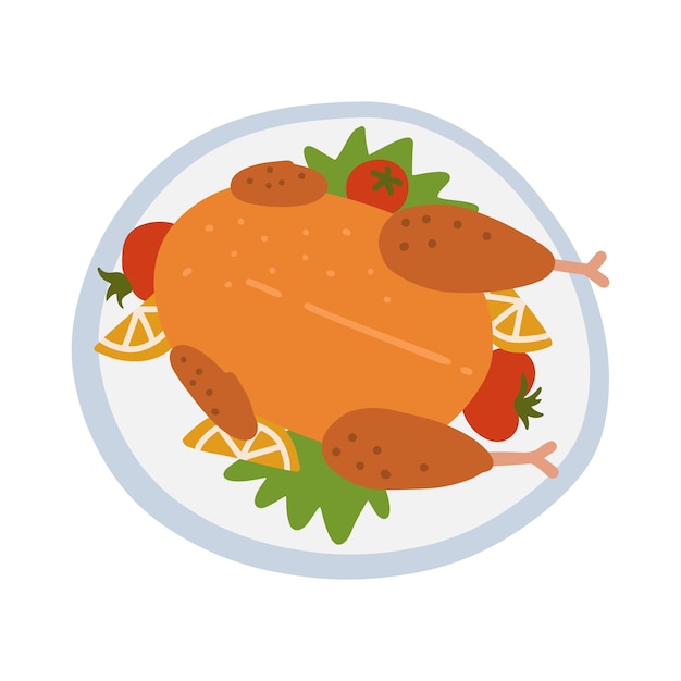 Baked thanksgiving or christmas turkey with vegetables top view flat vector illustration isolated on...