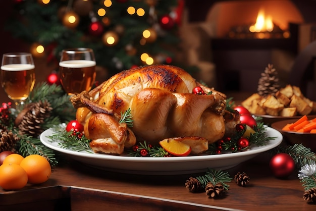 Vector baked turkey or chicken the christmas table is served with a turkey decorated with bright tinsel