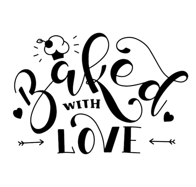 Baked with love Handwritten black calligraphy with doodle cupcake