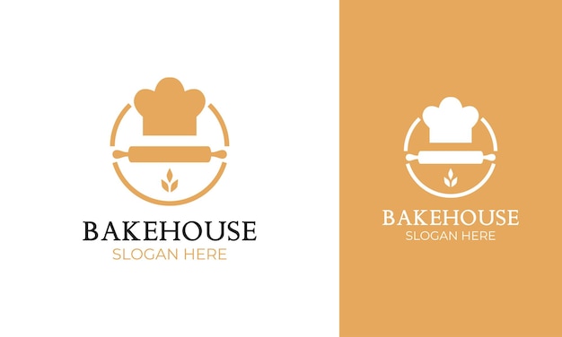 Bakehouse logo design with a rolling pin chef hat and wheat icon for bakery store