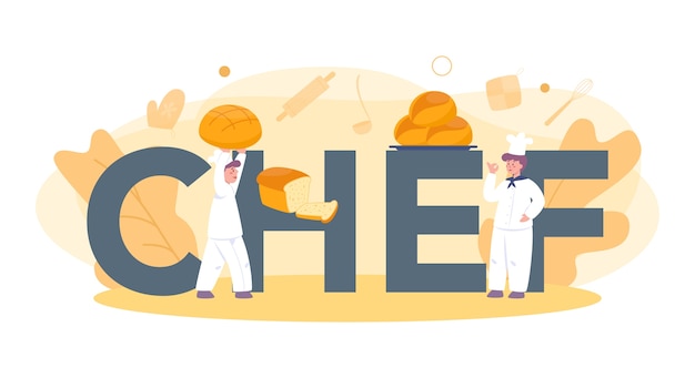 Baker and bakery typographic header concept. Chef in the uniform baking bread. Baking pastry process. Isolated vector illustration in cartoon style