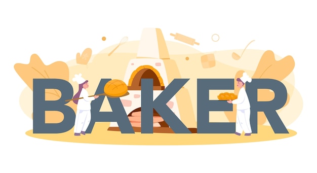 Baker and bakery typographic header concept. Chef in the uniform baking bread. Baking pastry process. 