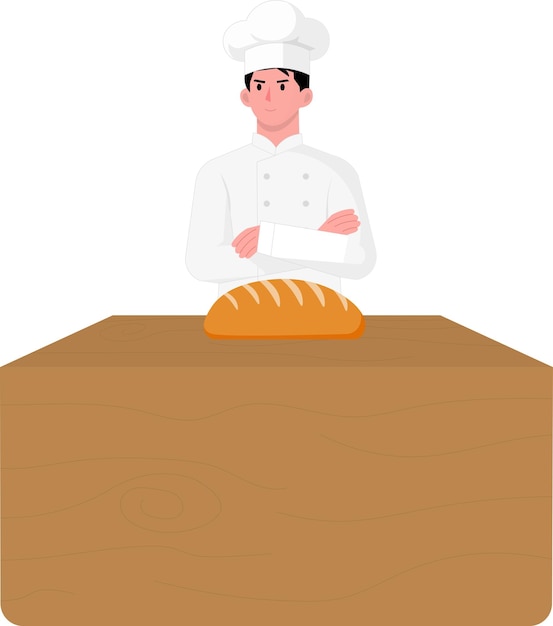 Vector baker chef with hands crossed with a counter with bread in front of him illustration