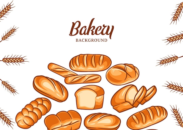 Bakery background with colorful bread vector illustration. Bakery or bakehouse menu