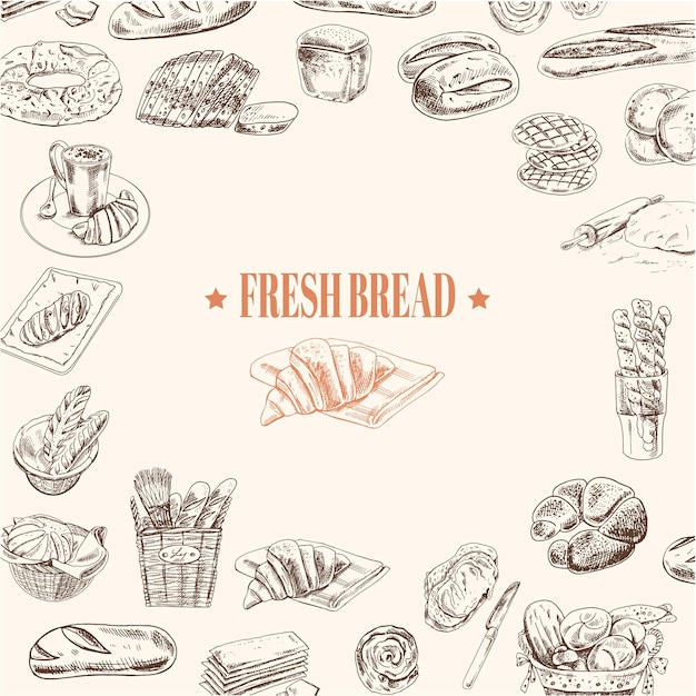 Bakery banner, fresh bread, basket of buns, hand drawn  illustration