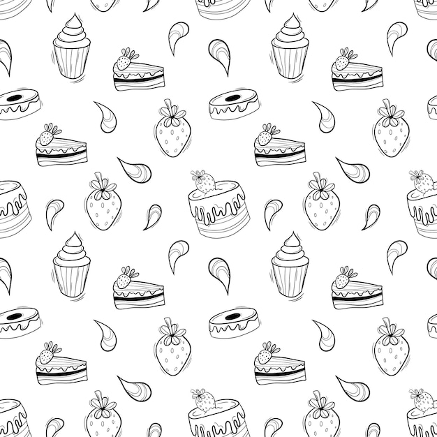 Bakery black doodle outline set with pastry Cakes donuts buns and strawberries