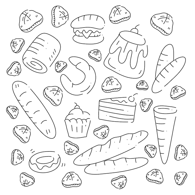 Bakery bread and cake doodle art set bundle for food and drink resources with line style