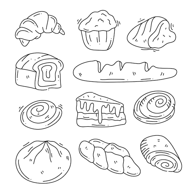 Bakery bread and cake doodle art set bundle for food and drink resources with line style