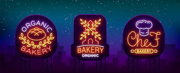 Bakery Collection of logos in neon style Vector illustration on the topic of fresh pastries