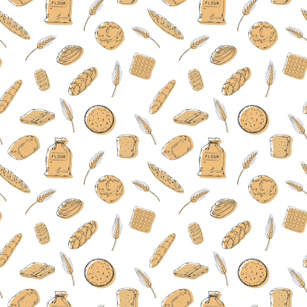 Vector bakery hadpainted illustrations seamless pattern black and white beige bag of flour buns beans bread bread waffle baguette cafe morning breakfast pastry wheat ears rye