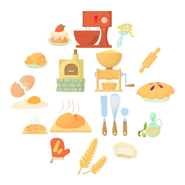 Bakery icon set, cartoon style