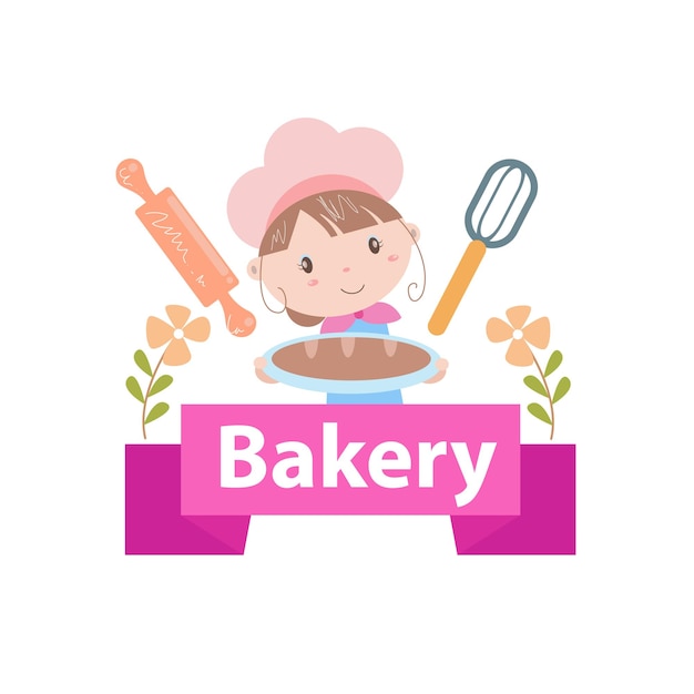 Bakery logo vector illustration with cute girl cartoon art